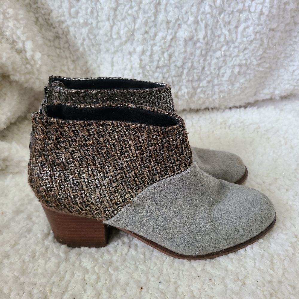 Toms Grey Bouclé Leila Ankle Block Heel Metallic Tweed Western Boho Boots